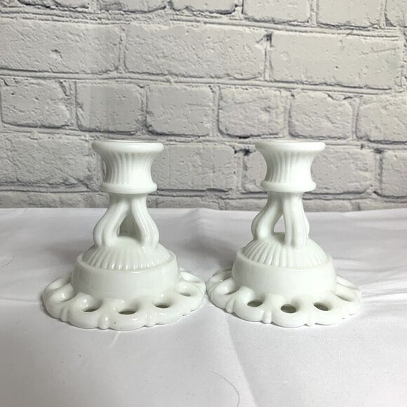 Westmoreland Doric Lace White Milk Glass Candlestick Holders - Picture 1 of 8